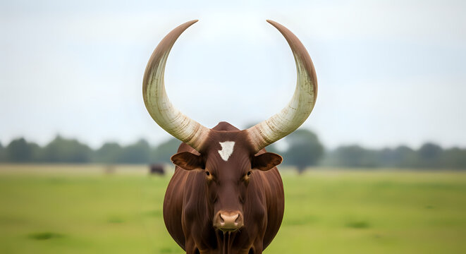 A brown ankole watusi bull with large horns standing in a green field looking directly at the viewer