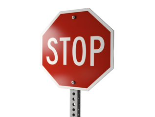 Red Octagon Stop Sign: A close-up captures a classic red stop sign with white lettering, a symbol of traffic control, safety, and clear direction.