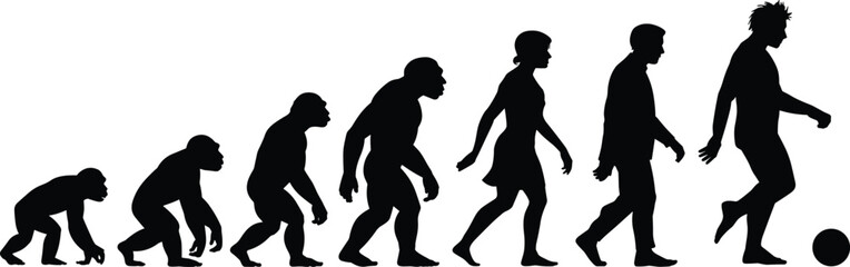 Silhouette illustration of human evolution, showing the transition from early hominids to modern humans, with a final athletic pose