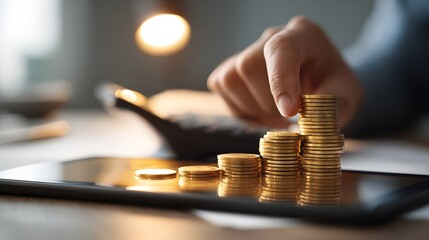 Hand stacking gold coins on tablet screen near calculator and lamp money