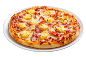 Delicious homemade pizza topped with ham and pineapple served on a white plate