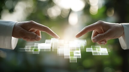 Two hands reach out to touch glowing digital blocks against a blurred green background