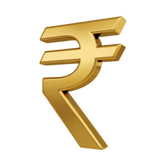 A 3D rendered image of a golden Indian Rupee symbol isolated against a black background. The symbol is rendered with a metallic gold texture, giving it a luxurious and valuable appearance.