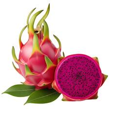 Vibrant pink dragon fruit cut in half showing seeds isolated on transparent background