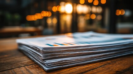 A neat stack of papers with visible blue horizontal bars sits on a surface in a cozy office setting,