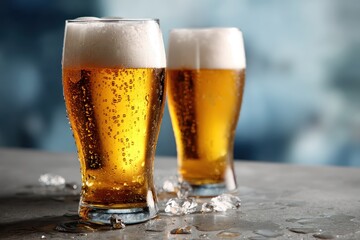 Refreshing cold beers served in tall glasses with a backdrop of soft blue hues and a hint of ice for a relaxing moment