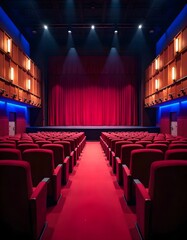 Empty red cinema seats facing stage curtain high resolution image