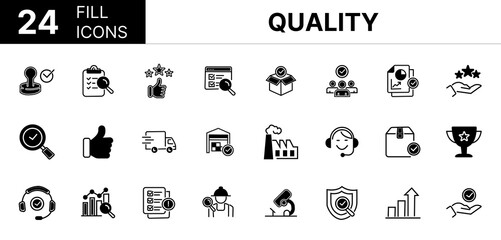 Collection of 24 Quality fill icons featuring editable strokes. These outline icons depict various modes of Quality, control, icon, inspect, standard, research, checklist, line, procedure, approve,
