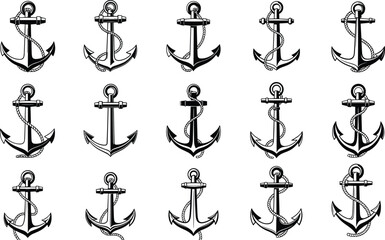 Anchor silhouettes, nautical symbols, maritime icons, rope variations, black vector illustration, marine design, stylized anchors, ocean theme, bold artwork