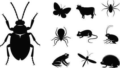 Silhouettes of various animals including insects, cow, frog, mouse, and more, illustrating diverse wildlife, nature, and biodiversity