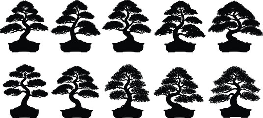 Bonsai tree silhouettes, miniature plant shapes, black vector illustration, CAD drawing, flat design, artistic foliage, zen decor, potted trees