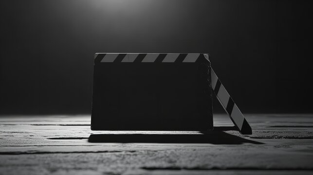 A black and white image of a clapperboard on a wooden surface with a dark background and spotlighting
