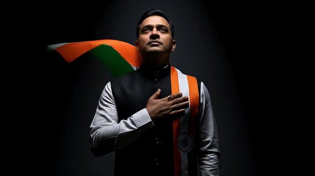 A patriotic Indian man in traditional attire with his hand on his heart, looking up with pride to celebrate independence day india.