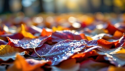 Close-Up of Dewy Autumn Leaves on Ground with Soft Natural Light and Colorful Background