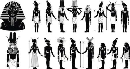 Ancient Egyptian deity silhouette set, mythology gods vector grid, pharaoh icon illustration, cultural artwork, Adobe Stock, cad drawing flat vector