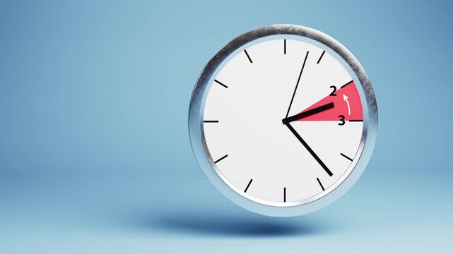 Resetting Daylight saving time to standard or winter time concept: Turning back time at 3am to 2 am. A red sector with a white arrow indicating the one hour being turned back.