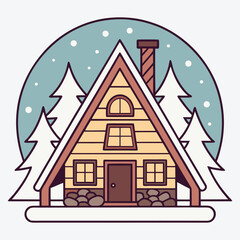 Cozy Winter Cabin Vector Illustration with Fireplace and Snow-Covered Trees