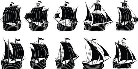 Sailing ship silhouettes, vintage vessels, nautical icons, maritime transport, black vector illustration, stylized boats, historic ships, ocean travel, bold design ©  Creative Crafter