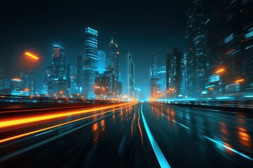 Neon city highway illuminates a futuristic skyline with glowing skyscrapers and dynamic traffic at night in a vibrant urban landscape