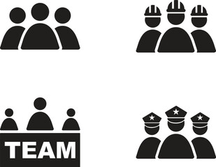 Simple Black Glyph Icons: Teamwork, Collaboration, Team, Group, People, Unity, Professional, Business, Construction, Police.