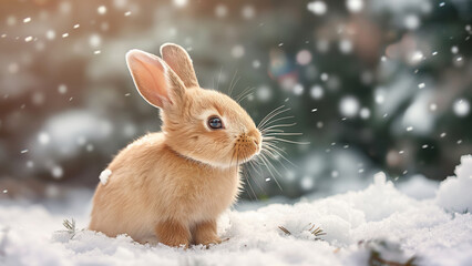 Cute baby rabbit sitting in fresh snow during winter snowfall. Winter wildlife concept.