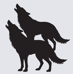 Obraz premium two wolf howling silhouette vector art illustration, wolf vector silhouette