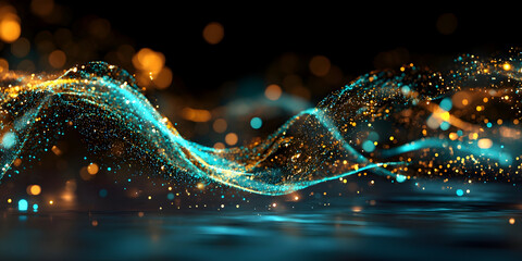 Luminous Wave of Teal and Gold Particles Flowing Over a Reflective Dark Surface.