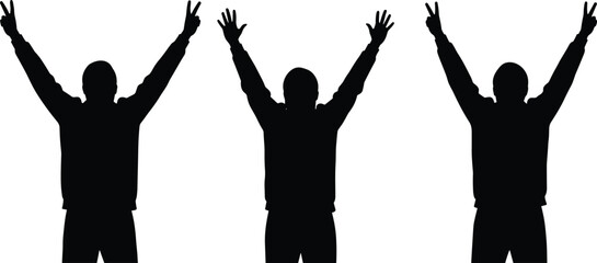Group celebration silhouette, raised hands, victory gesture, people posing, black icon, unity concept, vector illustration