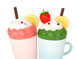 Cartoon Style Tea and Smoothie Cup Collection with Straws and Fruit Garnish, isolated on a transparent background.