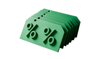 Green Discount Tags: A neat stack of green tags with prominent percentage symbols, symbolizing sales, savings, and promotional offers.