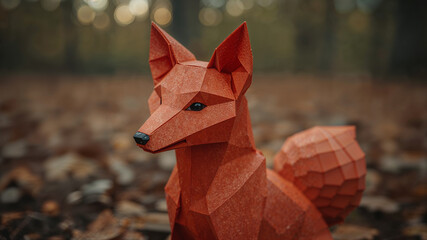 Geometric fox sculpture amidst autumn leaves