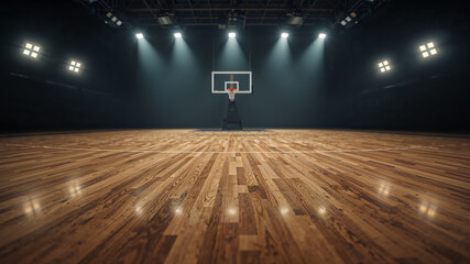 Illuminated indoor basketball court with wooden floor