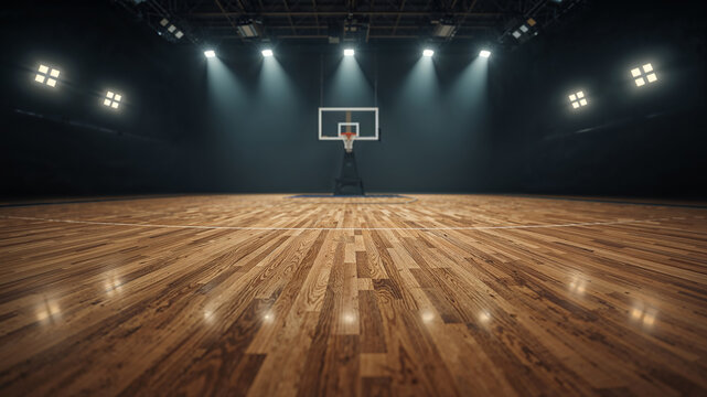 Illuminated indoor basketball court with wooden floor