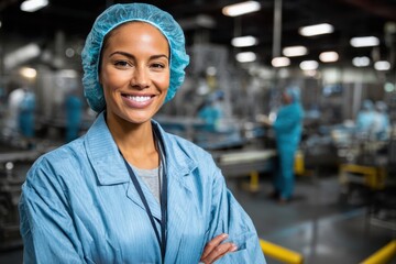 Professional woman smiling in food processing facility, showcasing quality assurance and teamwork in a clean environment