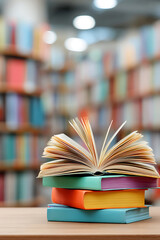 Fototapeta premium Stack of Colorful Books with Open Book on Top in Library Setting