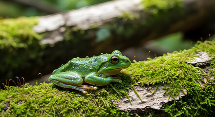 Green Frog's Natural Abode: A vivid image showcases a lively green frog perched on a moss-covered log, embodying nature's beauty and tranquility in its habitat.