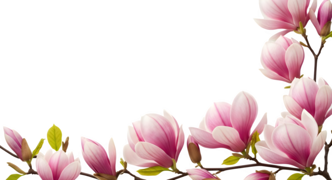 Pink magnolia blossoms on a branch with leaves    .ai generative, transparent background, white background. isolated on white background, png, jpeg, jpg.