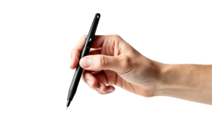 Hand holding a black pen isolated on transparent background