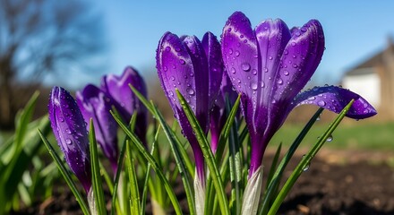 Vibrant purple crocus flowers with water droplets in spring sunlight bloom Jpg clipping path, social media, Advertisement, HD photo, close up, high quality.