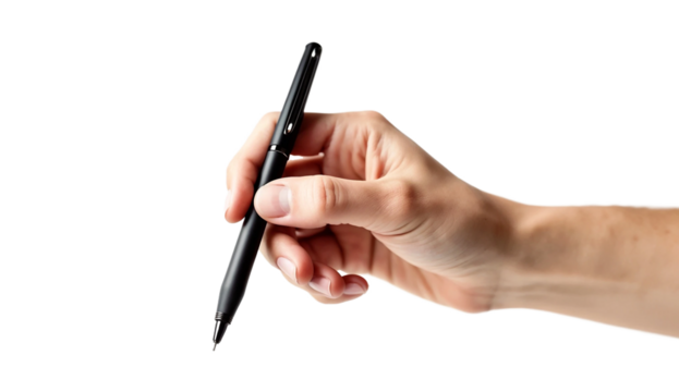 Hand holding a black pen isolated on transparent background