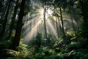 Obraz premium Sunbeams Through Lush Green Forest Canopy with Ferns and Tall Trees