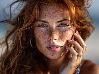 Redhead girl with heavy freckles applying sunscreen under harsh sunlight at the beach, strong light/shadow contrast