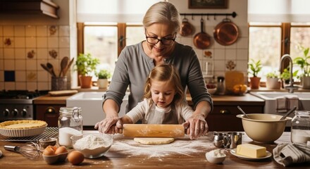 Grandmother Teaching Granddaughter Traditional Recipe Cooking Kitchen Family