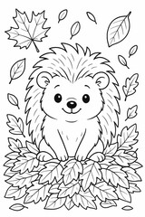 Cute hedgehog playing in a pile of leaves during fall season, fun coloring page