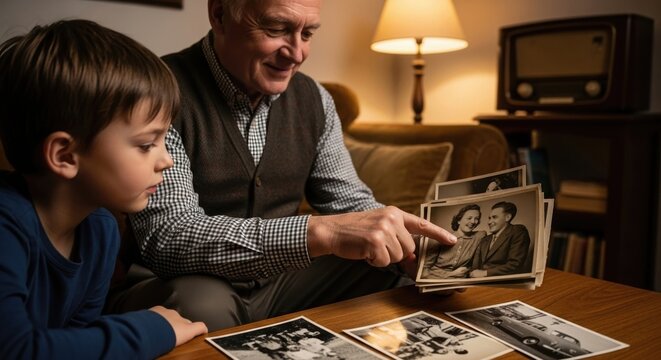 Grandfather Showing Old Photographs to Grandchild Telling Family History