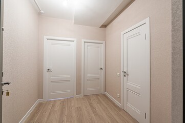 well-lit hallway with light beige walls, wood floors, and three closed white doors with silver handles