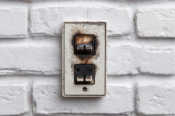 Charred electrical outlet on a white brick wall