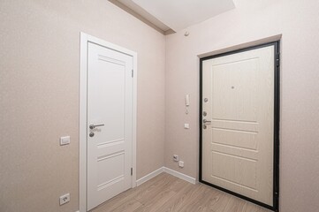 well-lit foyer with two doors: one white interior door and a light wood grain exterior door with a black frame. Neutral-toned walls