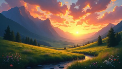 Obraz premium Golden Hour Serenity Over Rolling Green Hills and Majestic Mountains