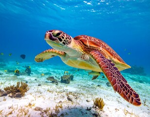 Obraz premium A magnificent sea turtle glides gracefully through the crystal-clear turquoise waters of the ocean, swimming above a sandy seafloor with small fish.